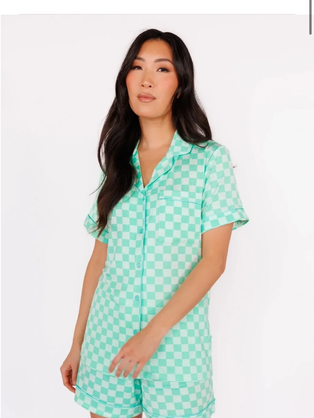 In My Sundays Seafoam Checkered Short-Sleeve & Short Pajama Set - Women's
